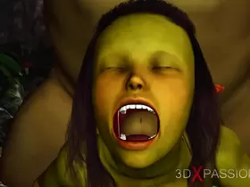 Green monster Ogre fucks hard a horny female goblin Arwen in the enchanted forest
