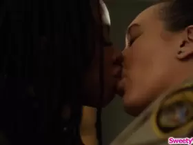 Ebony inmate eats lesbian wardens pussy